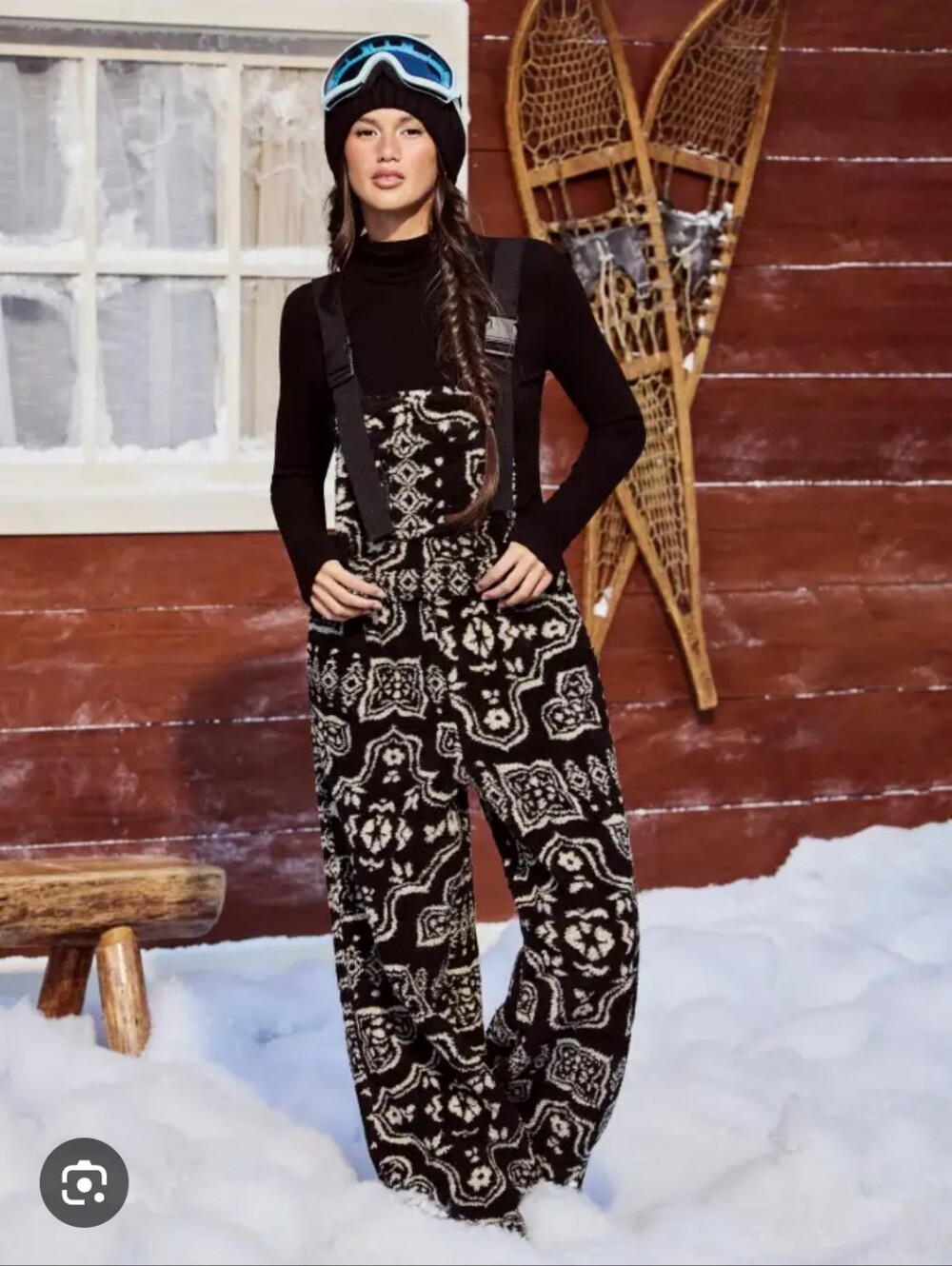Black & Ivory Fleece Patterned Knit Snow Overalls With Cool Buckle Detail